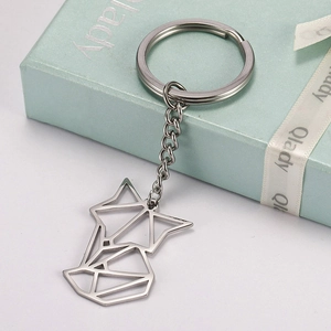 Minimalist geometric hollow fox pendant keychain made of silver stainless steel with chain
