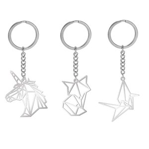Stainless Steel Geometric Origami Animal Keychain Combination Unicorn Wolf Crane Hollow Key Ring For Men Women Gift Jewelry