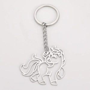 Polished stainless steel keychain featuring a minimalist hollow unicorn pendant with a flat ring