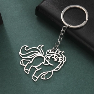 Minimalist silver stainless steel unicorn keychain with hollow cut design and metal ring
