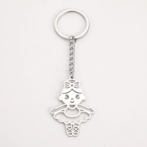 Macro shot of silver cutout ballet girl pendant and keychain link in stainless steel