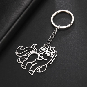 Cute hollow unicorn pendant keychain in polished silver stainless steel with chain