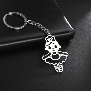 Polished stainless steel ballerina pendant keychain with cutout bow detail and silver chain