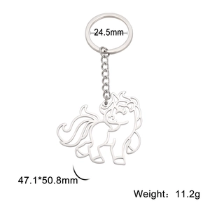 Minimalist stainless steel unicorn keychain with hollow cut design on a white background
