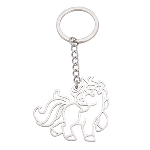 Minimalist silver stainless steel unicorn keychain with hollow cut-out pendant on white background