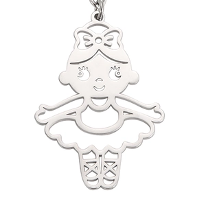 Detailed view of cutout stainless steel ballerina pendant with bow and ring hook