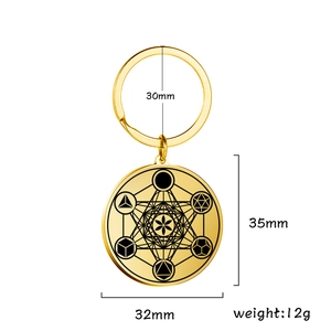 Detailed view of gold stainless steel keychain with geometric Metatron cube pendant