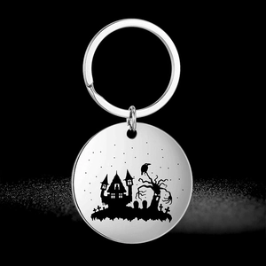 Portachiavi in Acciaio Inossidabile Halloween Castello Infestato Albero Morto Corvo Tondo Ciondolo Gotico Spaventoso Regalo