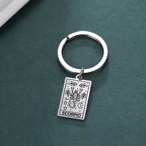 Macro shot of Scorpio constellation engraved silver stainless steel keychain tag