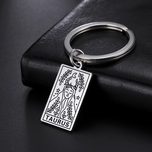 Macro detail of Taurus zodiac engraved silver stainless steel rectangular keychain