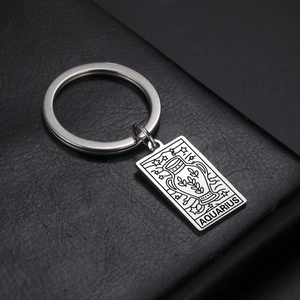 Macro shot of silver stainless steel keychain featuring a laser-engraved Aquarius tarot card