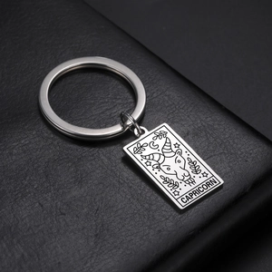 Macro shot of polished silver stainless steel keychain featuring a Capricorn zodiac pendant