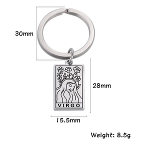 Detail view of silver stainless steel Virgo zodiac square pendant keychain with engraving
