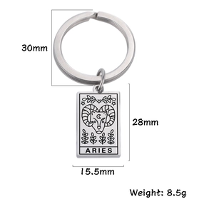 Detailed view of Aries zodiac sign keychain with engraved pendant and measurements