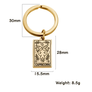 Detailed view of golden stainless steel Capricorn square keychain with size measurements