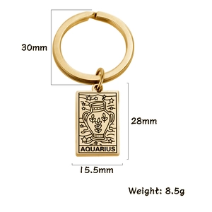 Detailed view of Aquarius zodiac engraved golden stainless steel keychain with dimensions