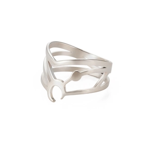 Silver hollow crescent ring in stainless steel with multi-layer line design and dots