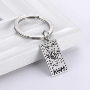 Polished stainless steel Scorpio zodiac rectangle pendant keychain on white background