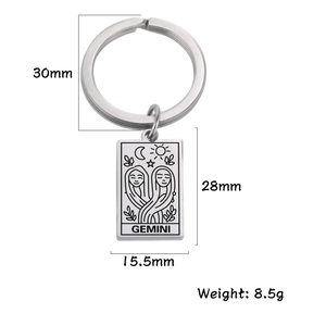 Silver stainless steel Gemini zodiac tarot card keychain with rectangular pendant dimensions