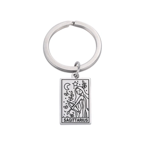 Polished stainless steel keychain with rectangular Sagittarius zodiac tarot-style pendant