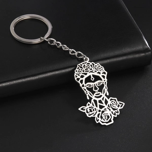 Hollow Out Stainless Steel Portrait Keychain Flower Crown Woman Pendant Artistic Key Ring Floral Jewelry For Men Women Gift