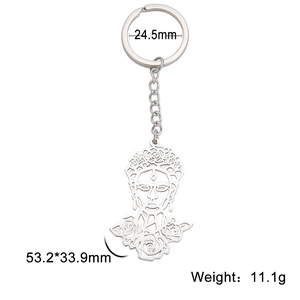 Titanium steel hollow Frida Kahlo portrait keychain with floral rose decorative elements