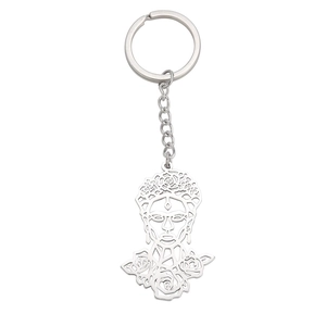Stainless steel cut-out keychain with artistic flower portrait pendant in silver finish