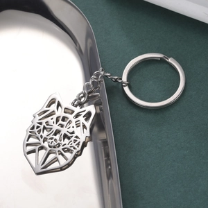 Detailed close-up of a silver stainless steel keychain with a geometric hollow wolf head