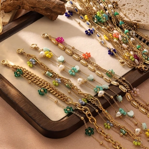 Bohemian Layered Stainless Steel Flower Bracelet Women Colorful Resin Floral Heart Charm Gold Plated Beaded Chain Jewelry