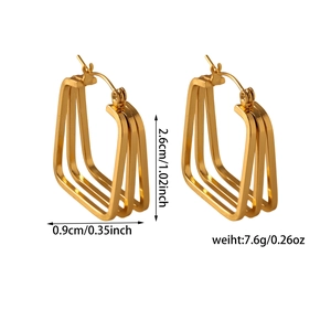 Detail view of triple rectangular gold hoops with dimensions 2.6cm by 0.9cm and weight 7.6g