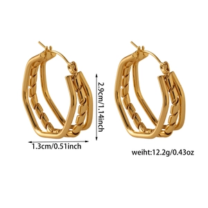 Detail view of triple-layered gold geometric earrings with dimensions and weight info