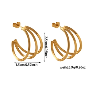 Detailed view of golden triple-layered C-shape hoop earrings with size specifications