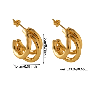 Detail view of triple-layered gold hoop earrings with dimensions 2cm by 1.4cm