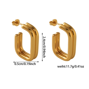 Detailed view of gold square hoop earrings with 2.4cm height and 11.7g weight