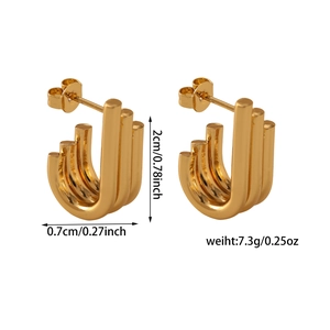 Detail view of gold triple-layered C-shape earrings with size and weight measurements