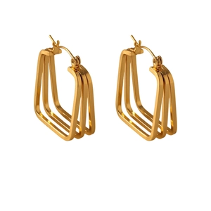 Minimalist gold geometric triple rectangle layer hoop earrings for women on white background