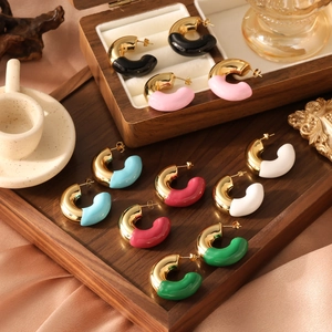 Fashion Stainless Steel C Shaped Hoop Earrings For Women Gold Plated Enamel Splicing Geometric Drip Oil Macaron Jewelry