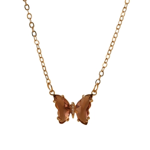 Élégant collier pendentif papillon doré avec ailes en cristal brun et incrustation
