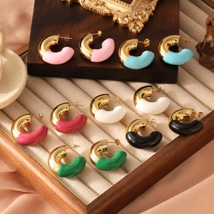 Modern C-shaped stainless steel earrings set with colorful enamel coating in macaron colors