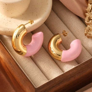 Chic gold-plated and pink enamel C-shaped hoop earrings for women in a polished finish