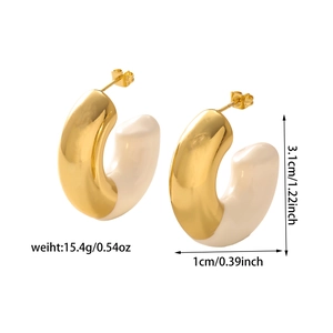 Detail view showing C-shaped earrings with gold and cream finish including size parameters
