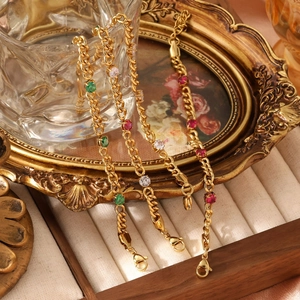 Vintage Titanium Steel Gold Plated Chain Bracelet Round Colorful Zirconia Gemstones Lobster Clasp Fashion Jewelry Women