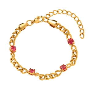 Detail of gold titanium bracelet with four oval red stones and lobster clasp closure
