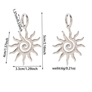 Detailed view of silver sun pendant earrings with precise dimensions and weight specs