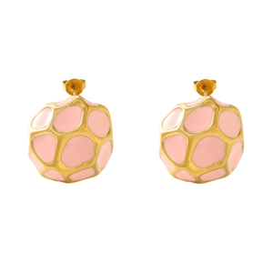 Macro shot of gold-plated stainless steel studs with pink honeycomb enamel textures