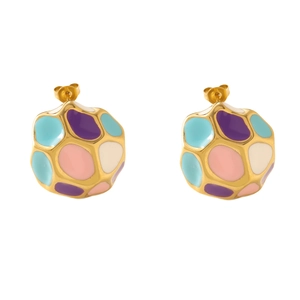 Detail view of colorful enamel geometric stud earrings with macaron mosaic pattern