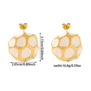 Detail view of irregular geometric enamel stud earrings with exact size and weight dimensions