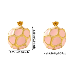 Detail view of pink enamel honeycomb earrings with dimensions 2.15cm by 2.05cm
