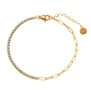 Détail d'un bracelet en acier inoxydable doré avec zircon et maille trombone fine