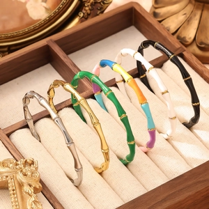 18K Gold Plated Stainless Steel Bamboo Joint Cuff Bangle For Women Vintage Enamel Drip Oil Open Bracelet Exaggerated Jewelry